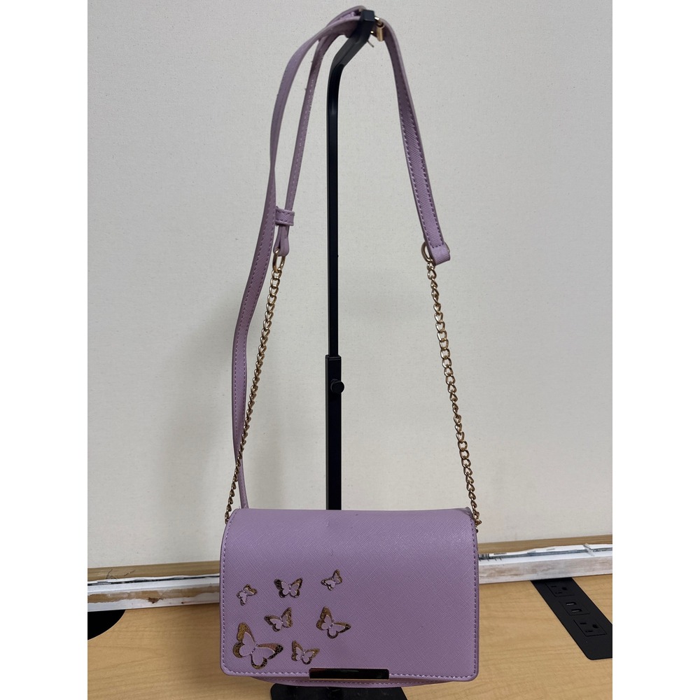 Lavender Butterfly Crossbody Bag Textured Faux Leather Gold Chain Strap Purple